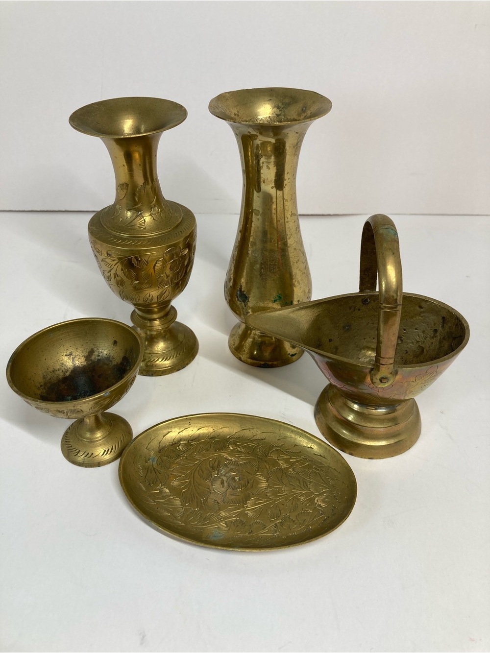 Vintage Mixed Brass Lot of 5 Dish Vase MCM Decor Etched